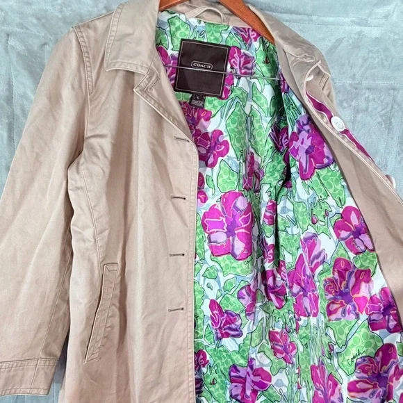 Coach women’s trench coat size large floral signature lining beige - Picture 4 of 9